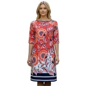 Eliza J. Dress Women’s Sz 4 Coral Navy Floral Striped Sheath Lined Midi
